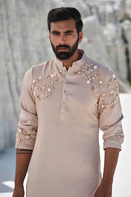 Amrit Dawani Rose Gold Modal, Silk, Cotton Sequins, Radiance Rosegold Embellished Kurta Set at Aza Fashions Amrit Dawani_Rose Gold Modal, Silk, Cotton Sequins, Radiance Rosegold Embellished Kurta Set _at_Aza_Fashions