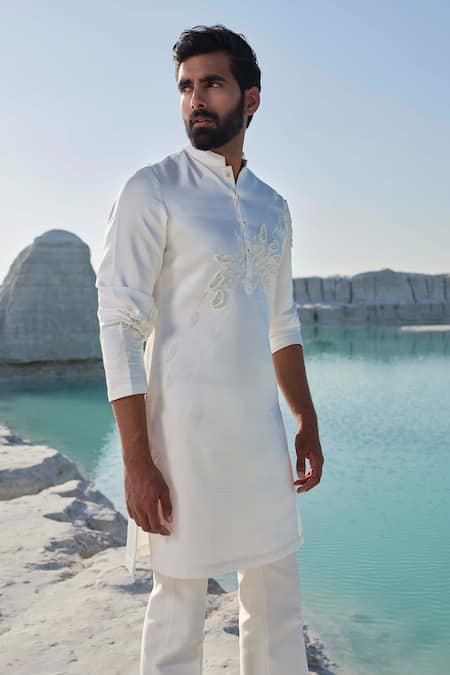 Amrit Dawani_Ivory Silk, Modal, Cotton Embroidery Gul Kurta Set _Online_at_Aza_Fashions
