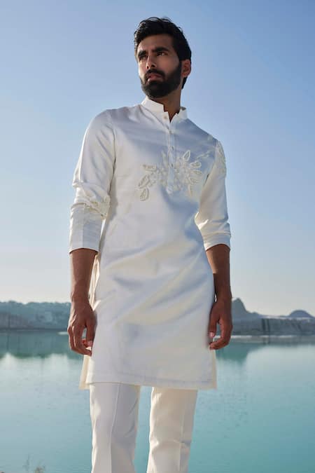 Shop_Amrit Dawani_Ivory Silk, Modal, Cotton Embroidery Gul Kurta Set _Online_at_Aza_Fashions