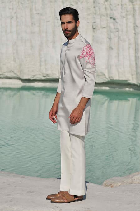 Amrit Dawani Grey Silk, Modal, Cotton Celestial Blossom Hand Painted Kurta Set at Aza Fashions Amrit Dawani_Grey Silk, Modal, Cotton Celestial Blossom Hand Painted Kurta Set _at_Aza_Fashions