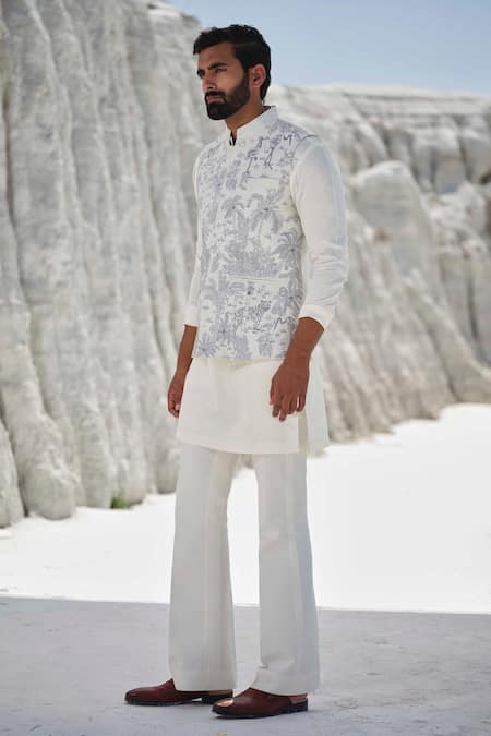 Shop Amrit Dawani Ivory Silk, Modal Wild Serenade Bundi Kurta Set Online at Aza Fashions Shop_Amrit Dawani_Ivory Silk, Modal Wild Serenade Bundi Kurta Set _Online_at_Aza_Fashions