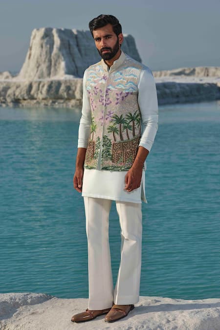 Amrit Dawani Green Modal, Silk, Organza, Cotton Embroidery Oasis Mirage Bundi Jacket Set at Aza Fashions Amrit Dawani_Green Modal, Silk, Organza, Cotton Embroidery Oasis Mirage Bundi Jacket Set _at_Aza_Fashions