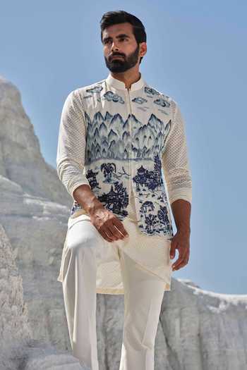 Buy_Amrit Dawani_Ivory Chanderi, Organza Indigo Horizon Painted Bundi Set _Online_at_Aza_Fashions