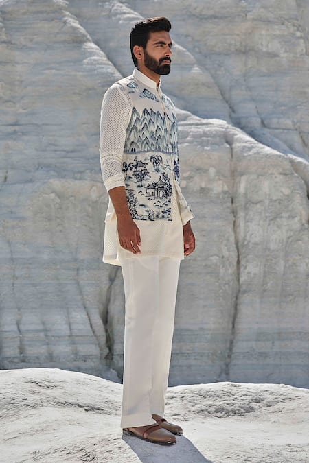 Buy_Amrit Dawani_Ivory Chanderi, Organza Indigo Horizon Painted Bundi Set 