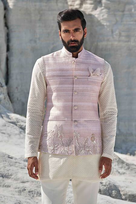 Buy_Amrit Dawani_Ivory Chanderi, Silk Embroidery Rosette Majesty Bundi Jacket Set _Online_at_Aza_Fashions