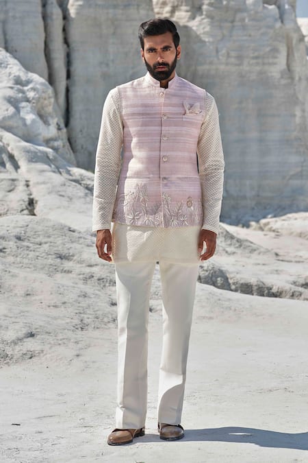 Shop_Amrit Dawani_Ivory Chanderi, Silk Embroidery Rosette Majesty Bundi Jacket Set _Online_at_Aza_Fashions