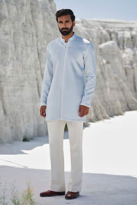 Amrit Dawani_Blue Organza, Modal, Silk, Cotton Embroidery Glacier Whisper Pearl Jacket Set _Online_at_Aza_Fashions