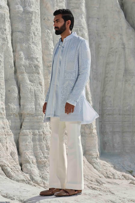 Buy_Amrit Dawani_Blue Organza, Modal, Silk, Cotton Embroidery Glacier Whisper Pearl Jacket Set _Online_at_Aza_Fashions