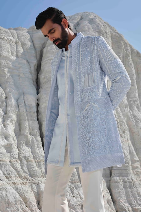 Shop_Amrit Dawani_Blue Organza, Modal, Silk, Cotton Embroidery Glacier Whisper Pearl Jacket Set _Online_at_Aza_Fashions