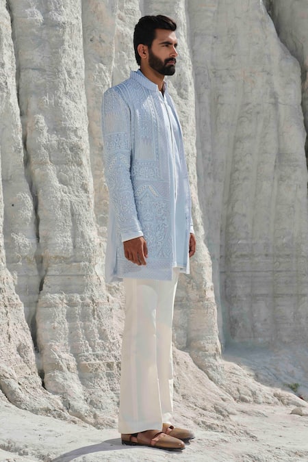 Amrit Dawani_Blue Organza, Modal, Silk, Cotton Embroidery Glacier Whisper Pearl Jacket Set _at_Aza_Fashions