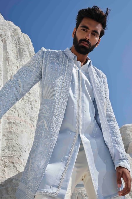 Buy_Amrit Dawani_Blue Organza, Modal, Silk, Cotton Embroidery Glacier Whisper Pearl Jacket Set 