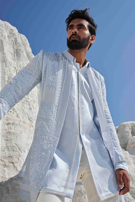 Shop_Amrit Dawani_Blue Organza, Modal, Silk, Cotton Embroidery Glacier Whisper Pearl Jacket Set 