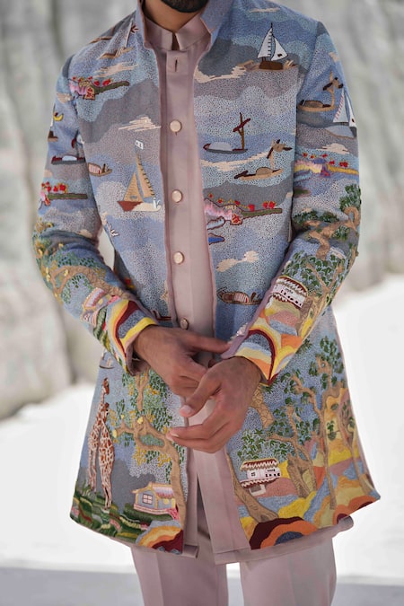Shop Amrit Dawani Purple Organza, Modal, Silk Embroidery Coastal Horizon Seascape Jacket Set Online at Aza Fashions Shop_Amrit Dawani_Purple Organza, Modal, Silk Embroidery Coastal Horizon Seascape Jacket Set _Online_at_Aza_Fashions