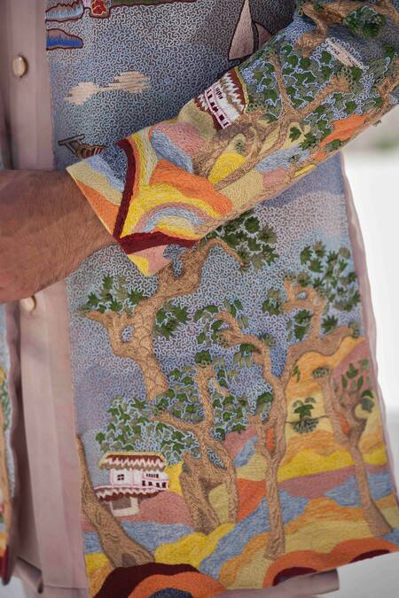 Amrit Dawani Purple Organza, Modal, Silk Embroidery Coastal Horizon Seascape Jacket Set at Aza Fashions Amrit Dawani_Purple Organza, Modal, Silk Embroidery Coastal Horizon Seascape Jacket Set _at_Aza_Fashions