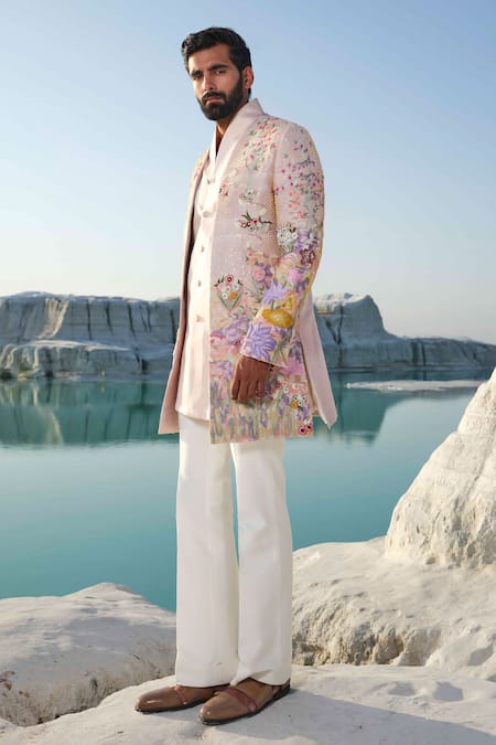 Buy Amrit Dawani Rose Gold Silk, Modal, Cotton Blooming Twilight Rosegold Floral Jacket Set Online at Aza Fashions Buy_Amrit Dawani_Rose Gold Silk, Modal, Cotton Blooming Twilight Rosegold Floral Jacket Set _Online_at_Aza_Fashions