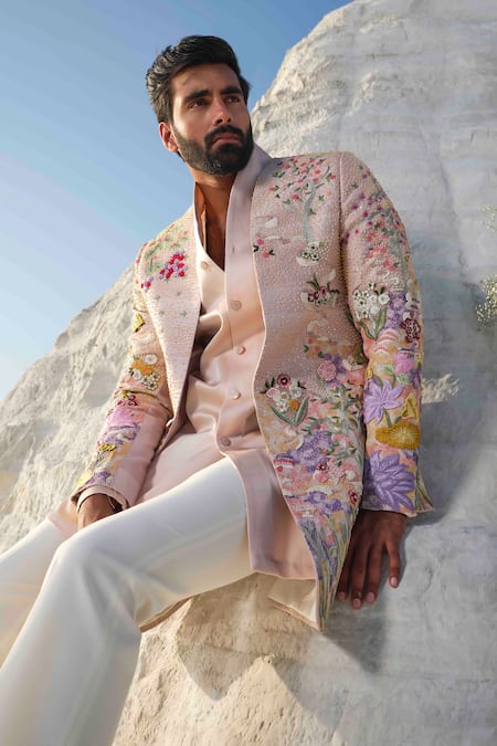 Shop Amrit Dawani Rose Gold Silk, Modal, Cotton Blooming Twilight Rosegold Floral Jacket Set Online at Aza Fashions Shop_Amrit Dawani_Rose Gold Silk, Modal, Cotton Blooming Twilight Rosegold Floral Jacket Set _Online_at_Aza_Fashions