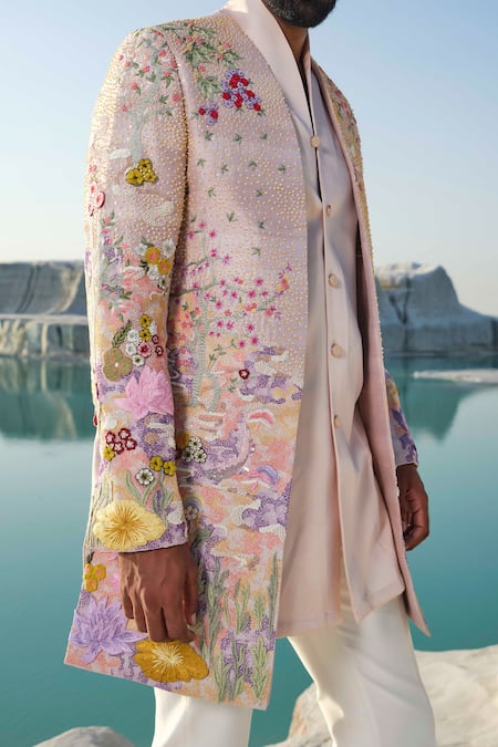 Amrit Dawani Rose Gold Silk, Modal, Cotton Blooming Twilight Rosegold Floral Jacket Set at Aza Fashions Amrit Dawani_Rose Gold Silk, Modal, Cotton Blooming Twilight Rosegold Floral Jacket Set _at_Aza_Fashions