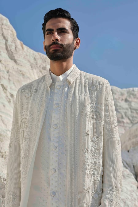 Shop_Amrit Dawani_Ivory Modal, Silk, Cotton Embroidery, Beads Jacket Set _Online_at_Aza_Fashions