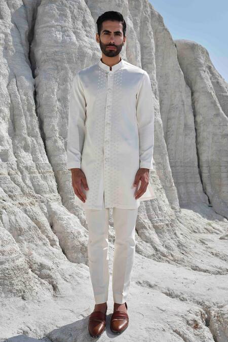 Amrit Dawani_Ivory Modal, Silk, Cotton Embroidery, Beads Jacket Set _at_Aza_Fashions