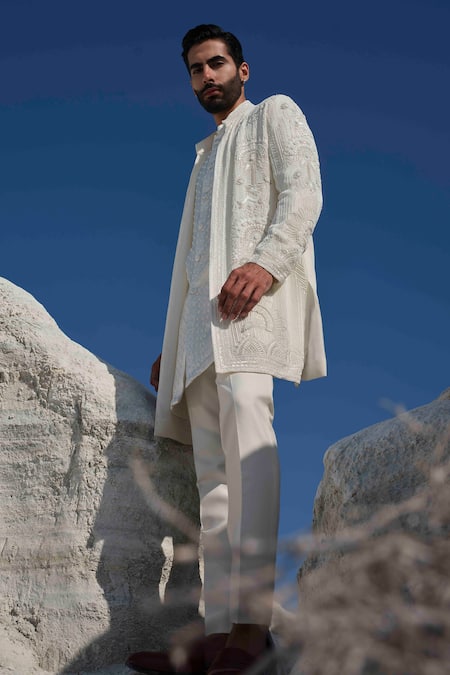 Shop_Amrit Dawani_Ivory Modal, Silk, Cotton Embroidery, Beads Jacket Set 