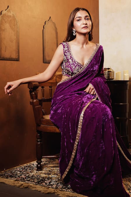 Shop Dajwaree Purple Silk, Crepe, Velvet Embroidery V-neck Nalini Border Saree With Blouse Online at Aza Fashions Shop_Dajwaree_Purple Silk, Crepe, Velvet Embroidery V-neck Nalini Border Saree With Blouse _Online_at_Aza_Fashions