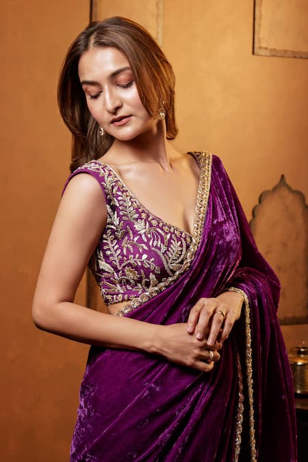 Dajwaree Purple Silk, Crepe, Velvet Embroidery V-neck Nalini Border Saree With Blouse at Aza Fashions Dajwaree_Purple Silk, Crepe, Velvet Embroidery V-neck Nalini Border Saree With Blouse _at_Aza_Fashions