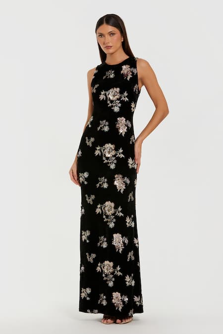 Mac Duggal Metallic Floral Embroidered Velvet Gown 
