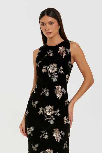 Mac Duggal_Black Velvet Sequins, Beads, Metallic Thread Crew Neck Floral Embroidered Gown _Online_at_Aza_Fashions