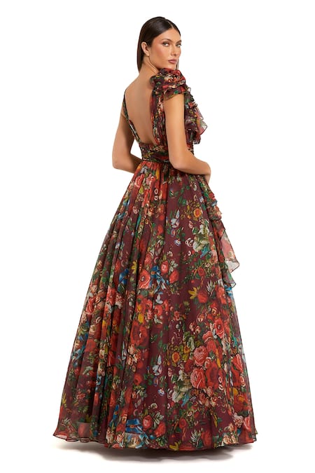Mac Duggal Floral Pattern V-Neck Ball Gown 