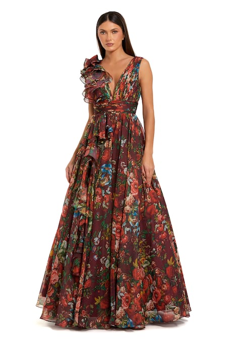 Mac Duggal Floral Pattern V-Neck Ball Gown 
