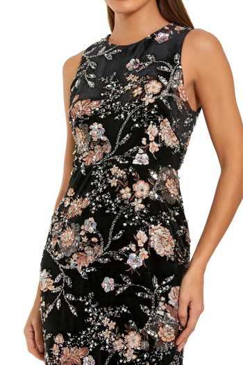 Mac Duggal_Black Velvet Sequins, Beads Round Neck And Floral Midi Dress _Online_at_Aza_Fashions