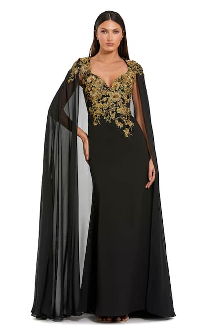 Mac Duggal Gold Floral Embroidered Gown 