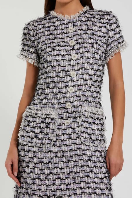 Mac Duggal_Black Polyester Pearls High Neck Floral Button Work Dress _Online_at_Aza_Fashions