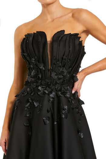 Mac Duggal_Black Satin Beads, Applique, Fabric Flowers Sweetheart Hand Sewn 3d Floral Gown _Online_at_Aza_Fashions