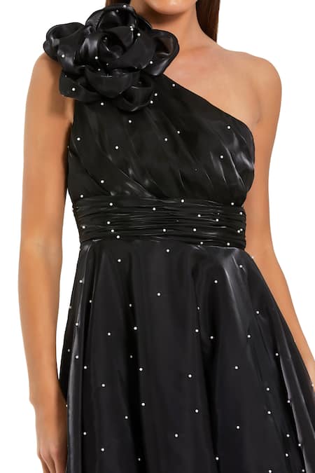 Mac Duggal Black Polyester Pearls, Fabric Flowers One Shoulder Embellished Dress Online at Aza Fashions Mac Duggal_Black Polyester Pearls, Fabric Flowers One Shoulder Embellished Dress _Online_at_Aza_Fashions