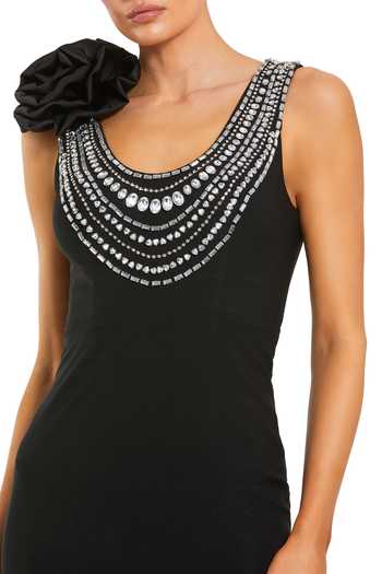 Mac Duggal_Black Jersey Beads, Crystals, Fabric Flowers Scoop Beaded Embellished Dress _Online_at_Aza_Fashions