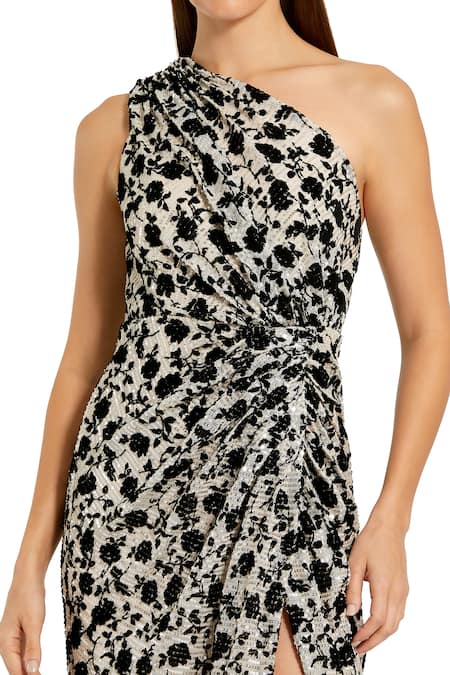 Mac Duggal_Beige Polyester Sequins Asymmetric, One Shoulder Shimmering Dress _Online_at_Aza_Fashions