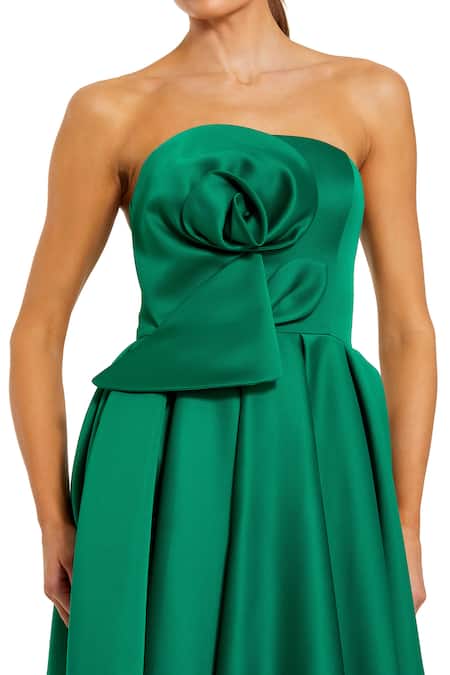 Mac Duggal Green Satin Fabric Flowers Bandeau Neck 3d Floral Dress Online at Aza Fashions Mac Duggal_Green Satin Fabric Flowers Bandeau Neck 3d Floral Dress _Online_at_Aza_Fashions