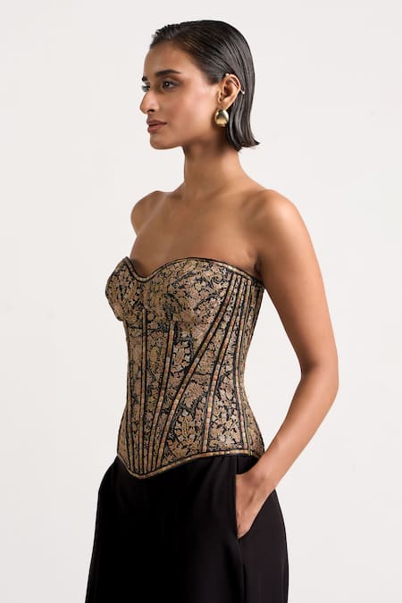 Buy_Ott_Black Silk Zari Sweetheart Neck The Kani Embroidered Corset _Online_at_Aza_Fashions