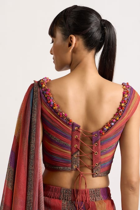 Ott_Multi Color Polyester Beads, Stones Boat Neck The Fluted Corset _Online_at_Aza_Fashions