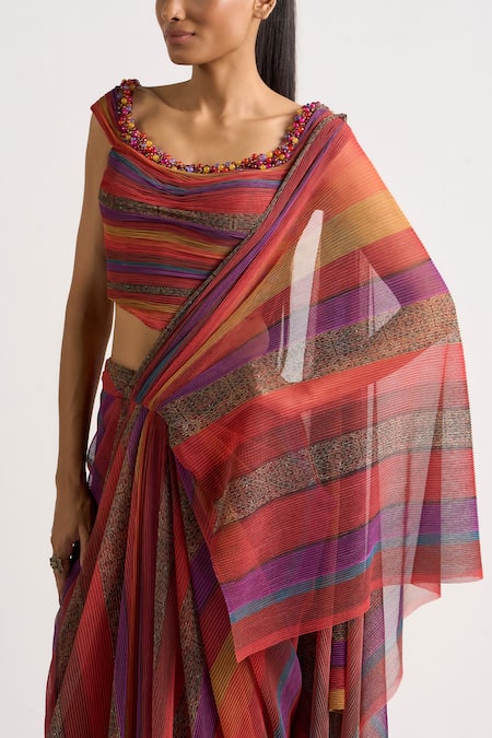 Buy_Ott_Multi Color Polyester Beads, Stones Boat Neck The Fluted Corset _Online_at_Aza_Fashions