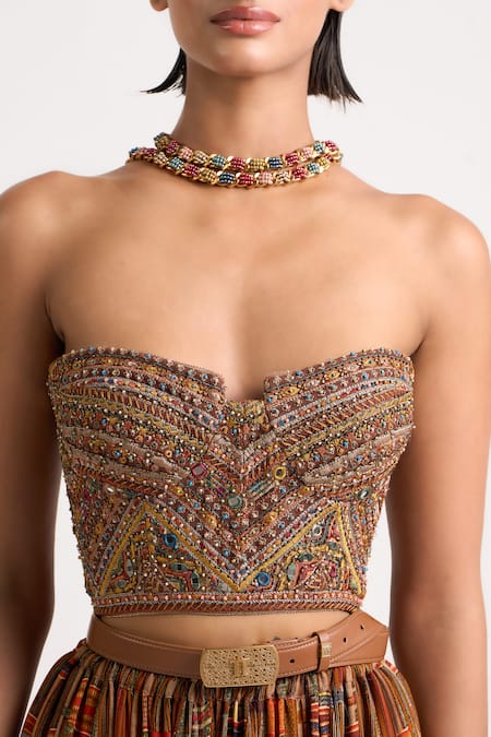 Ott_Multi Color Cotton Embroidery, Mirrors Sweetheart Neck The Kutch Corset _at_Aza_Fashions