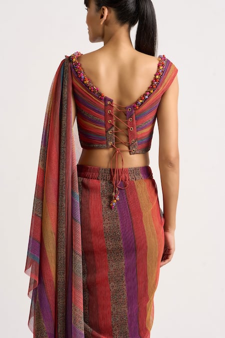 Ott_Multi Color Polyester Beads, The Holiday Printed Pre-draped Concept Saree _Online_at_Aza_Fashions