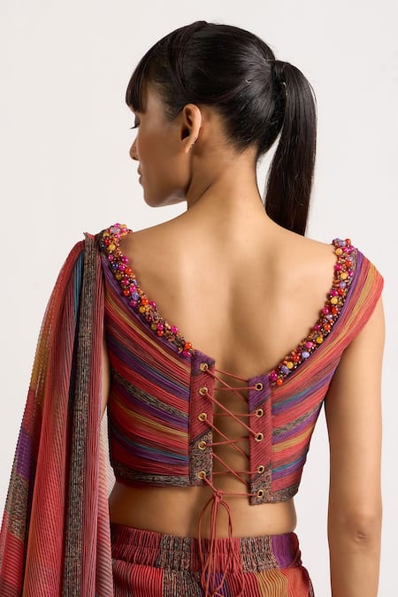 Buy_Ott_Multi Color Polyester Beads, The Holiday Printed Pre-draped Concept Saree _Online_at_Aza_Fashions
