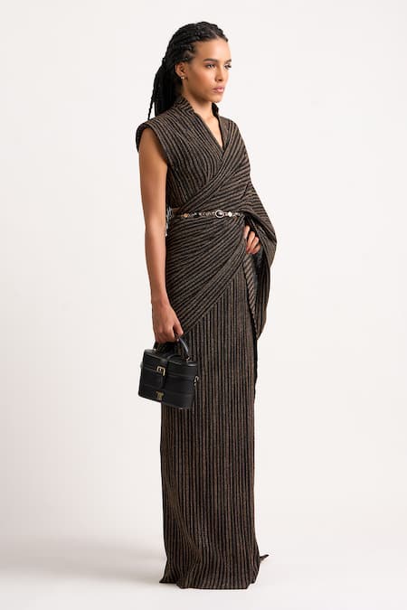 Ott_Black Polyester Zari The Cocktail Pre-draped Concept Saree _Online_at_Aza_Fashions