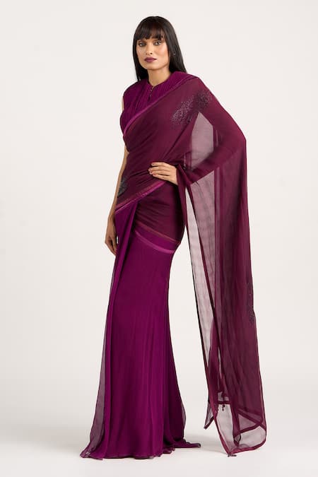 Buy_Ott_Magenta Silk Sequins Chiffon Pre-draped Concept Saree _Online_at_Aza_Fashions
