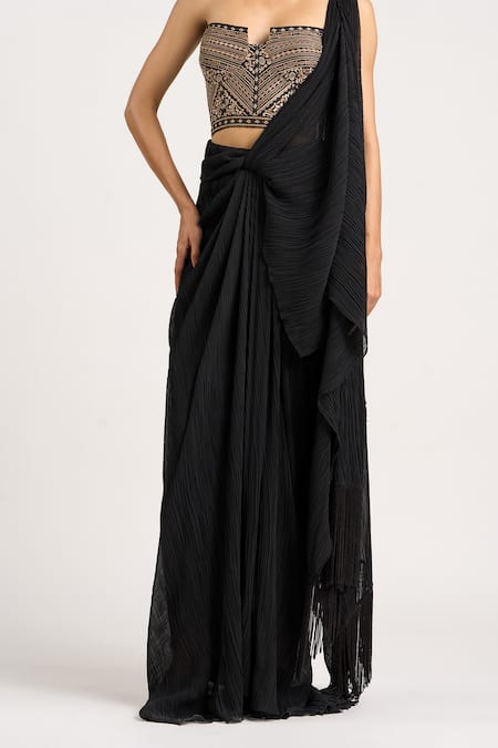 Buy_Ott_Black Fringe The Crinkle Pre-draped Concept Saree _Online_at_Aza_Fashions
