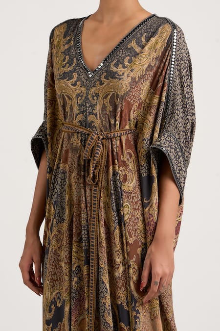 Ott_Multi Color Silk Zari V-neck The Vintage Paisley Pattern Kaftan _Online_at_Aza_Fashions