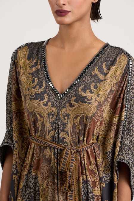 Buy_Ott_Multi Color Silk Zari V-neck The Vintage Paisley Pattern Kaftan _Online_at_Aza_Fashions
