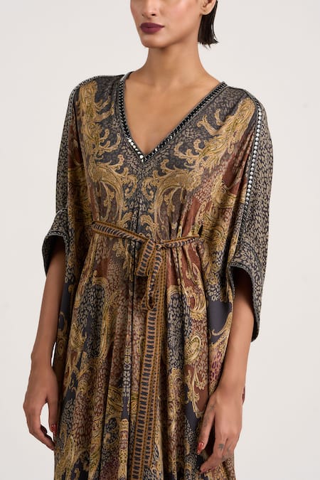 Shop_Ott_Multi Color Silk Zari V-neck The Vintage Paisley Pattern Kaftan _Online_at_Aza_Fashions